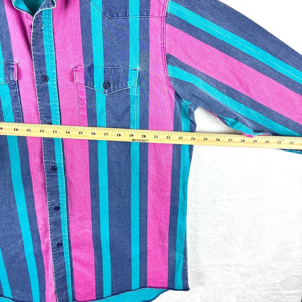 VTG Wrangler Brushpopper Shirt Men XL 17-35 Blue Pink Green Striped Cowboy USA - Picture 8 of 13